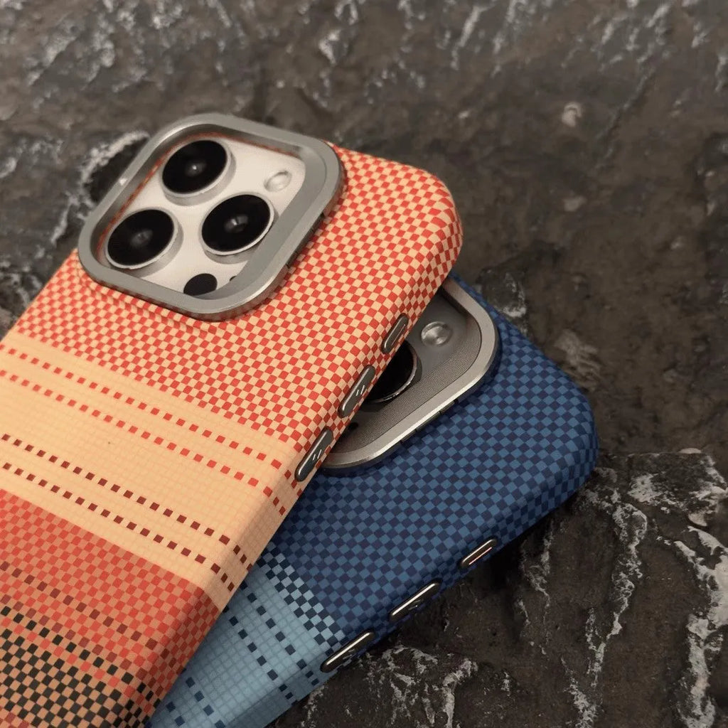 Kevlar magnetic bracket carbon fiber pattern protective sleeve for iPhone 14 Pro in Sunset Gray