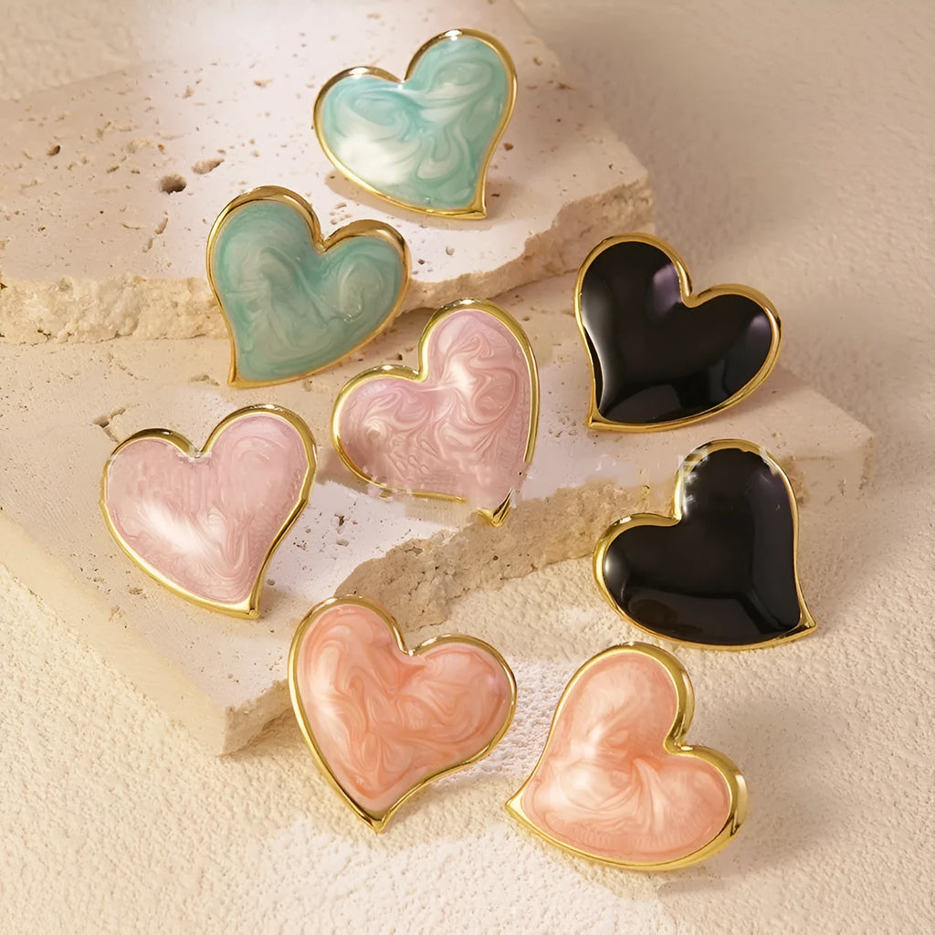Enamel drip process irregular peach heart earrings on stainless steel base, four colours