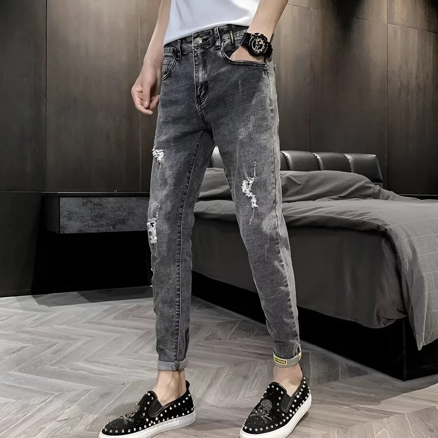 Men's classic high waist blue denim jeans with a button fly, shown laid flat.