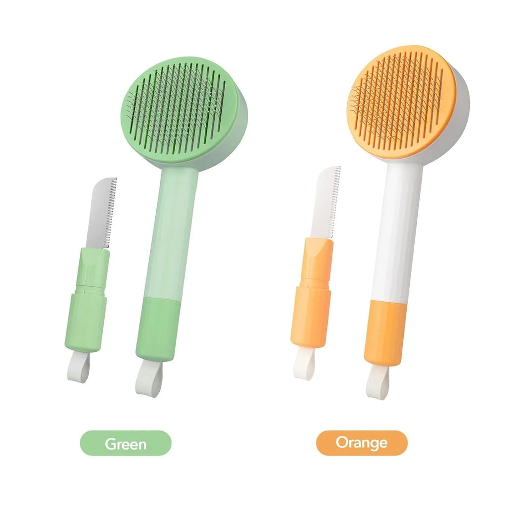 Green and yellow pet grooming brush with stainless steel comb for cats and dogs, showing hanging loop and curved teeth design