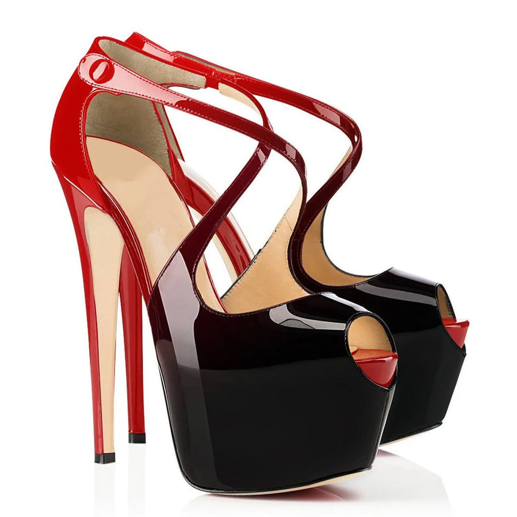 Black and red women's peep toe high heel shoes with cross strap design and high heel.