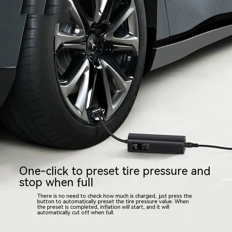 Black Super Mini digital car tyre inflator with LED display showing pressure readings
