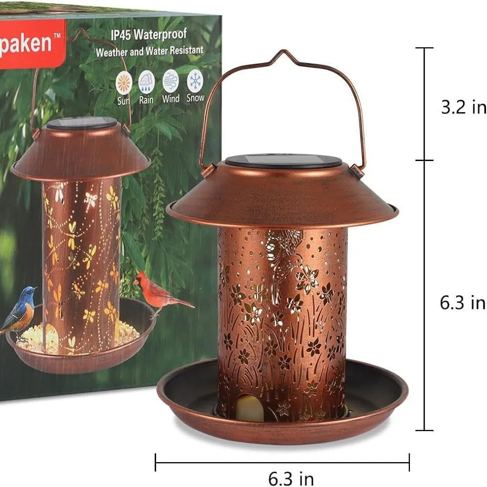 Solar-powered outdoor lamp and bird feeder with hummingbird pattern in iron art.