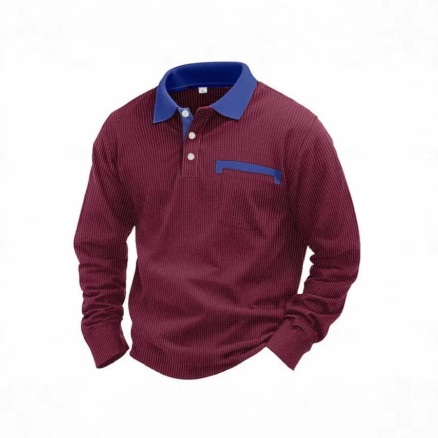 Men's long-sleeved waffle knit polo shirt in a loose fit, shown in a dark green colour.