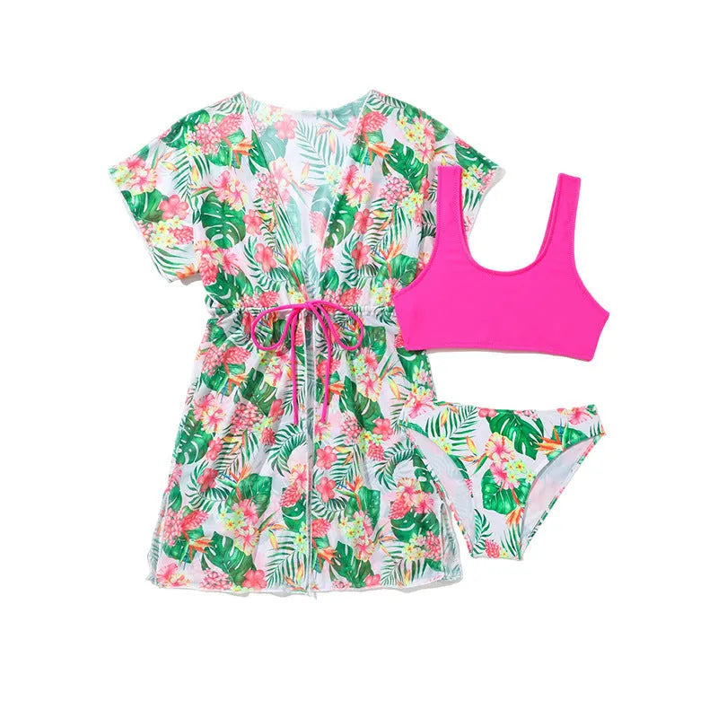 Girls' floral two-piece swimsuit in Korean style, sizes 130cm to 160cm.