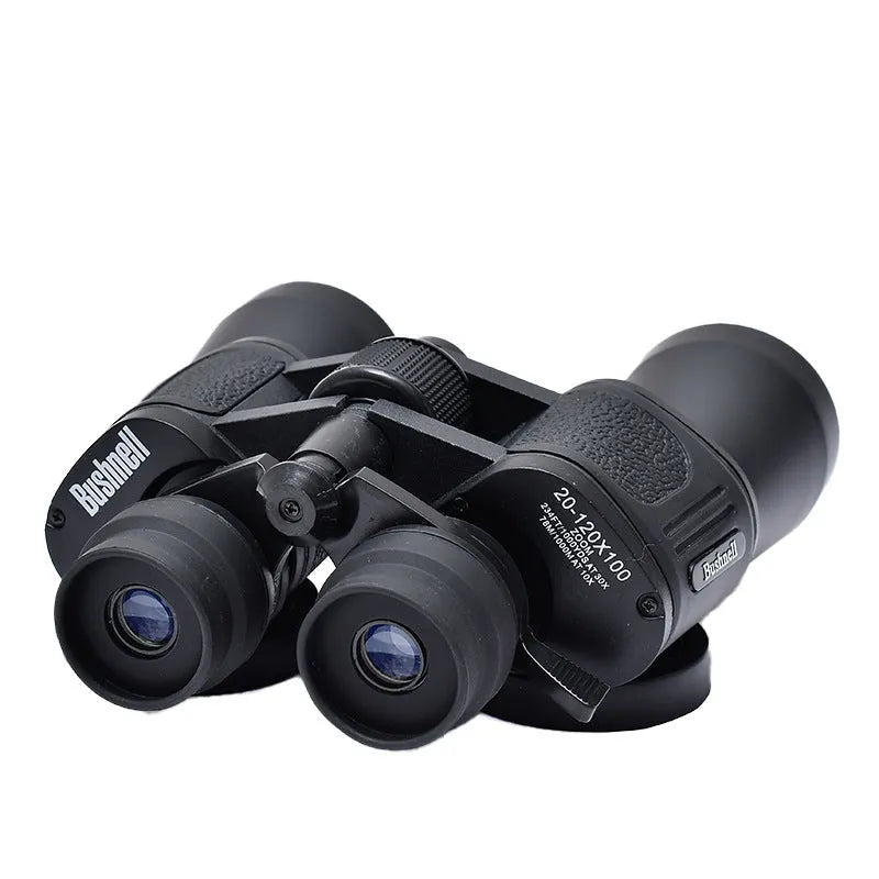 A set of black outdoor binoculars with large 100mm objective lenses and a continuous zoom control for 20-120x magnification.