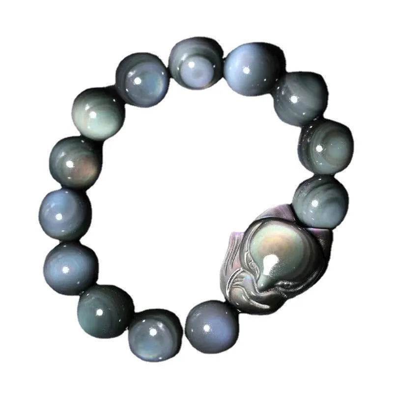 Obsidian gemstone couple bracelet with carved fox charm in three size options