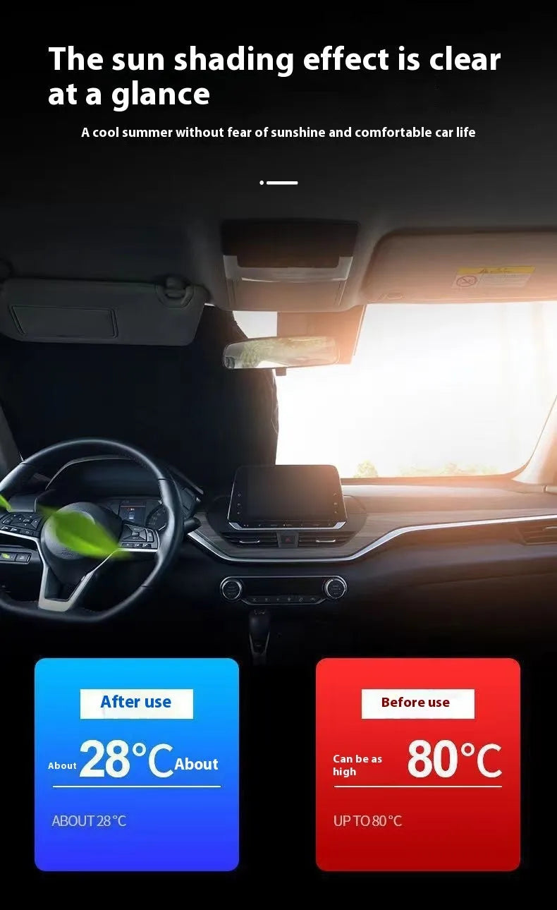 Titanium silver aluminium foil car sunshade folded, showing reflective surface and size options for windscreen heat protection.