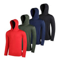 Four men's lightweight pullover hoodies in assorted colours, made from elastic polyester fibre.