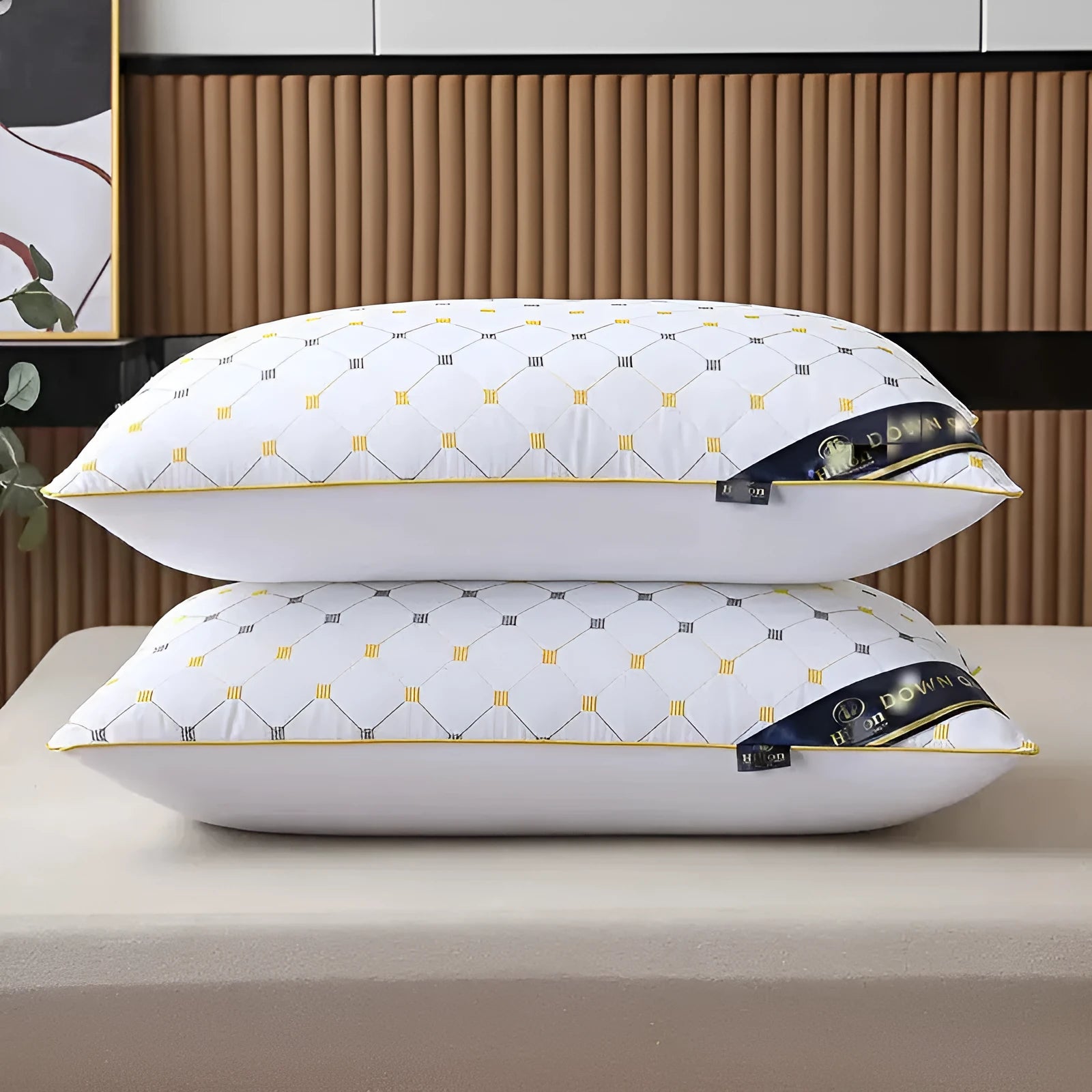 Polyester chemical fibre pillow in blue, available in 48x74cm and 42x70cm sizes with varying fill weights.