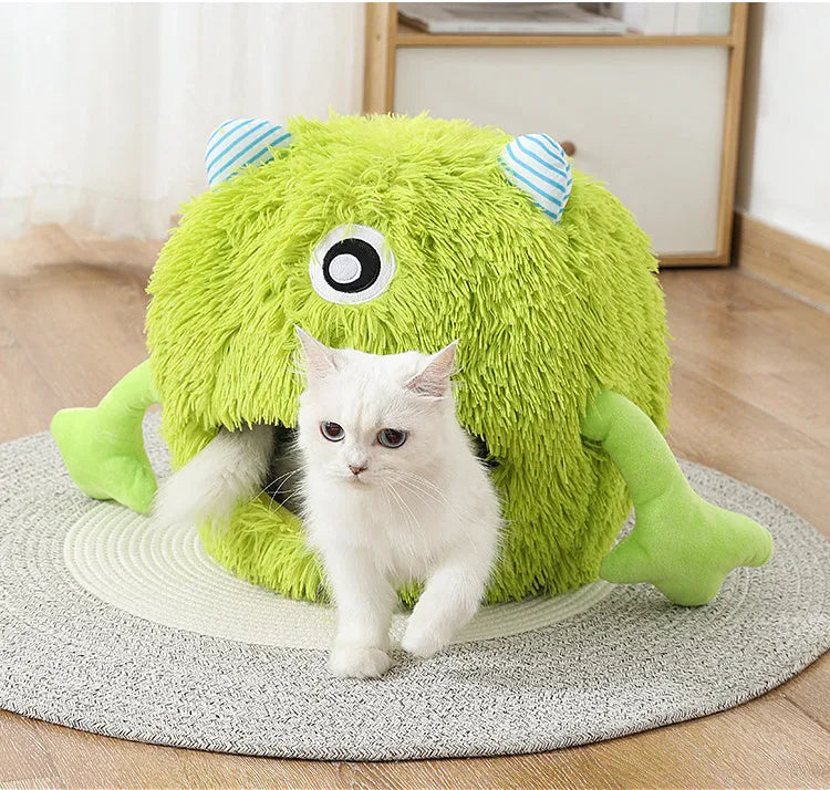 Round soft plush cat bed with non-slip bottom in three size options