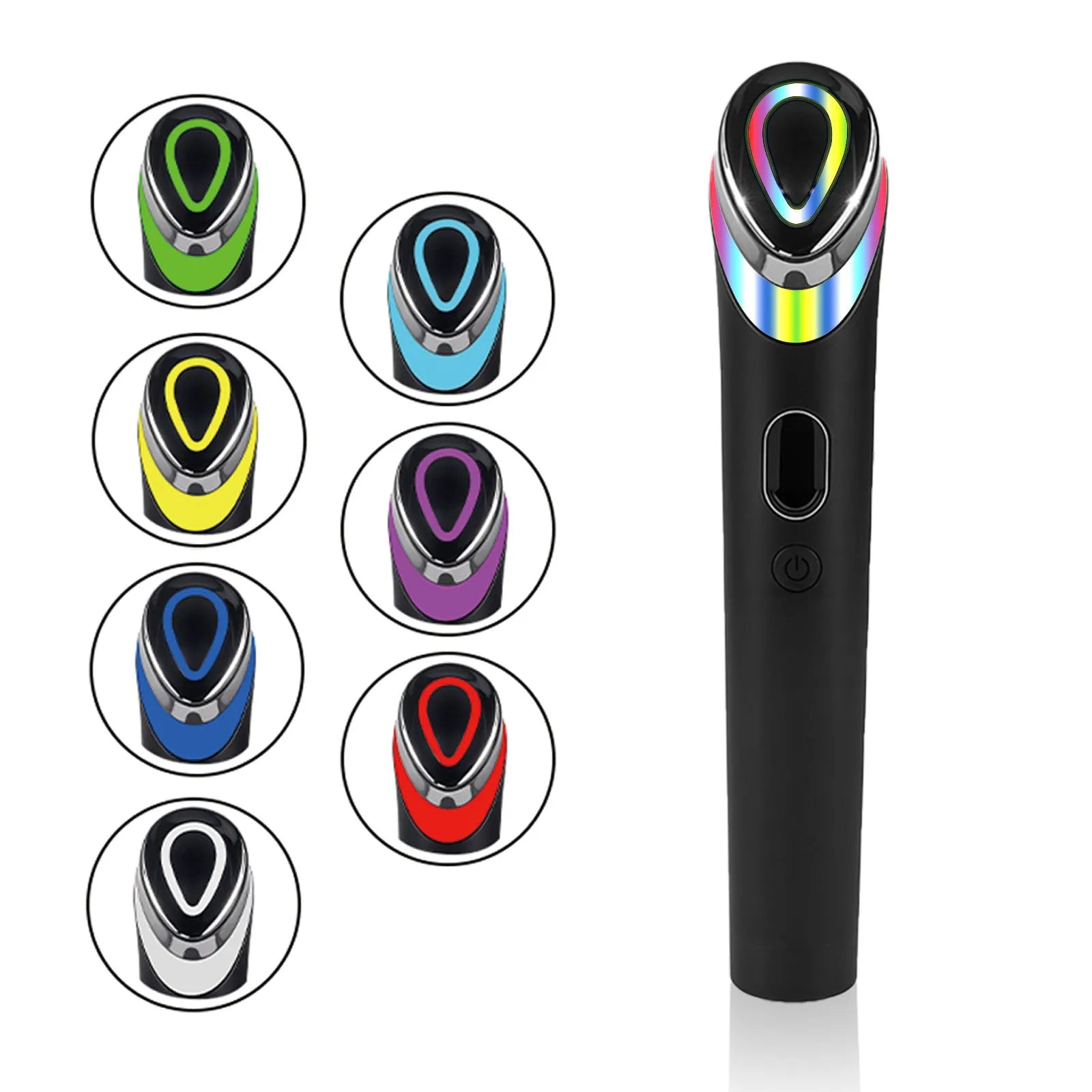 Black portable eye massager unit with light therapy and vibration functions on a neutral background.
