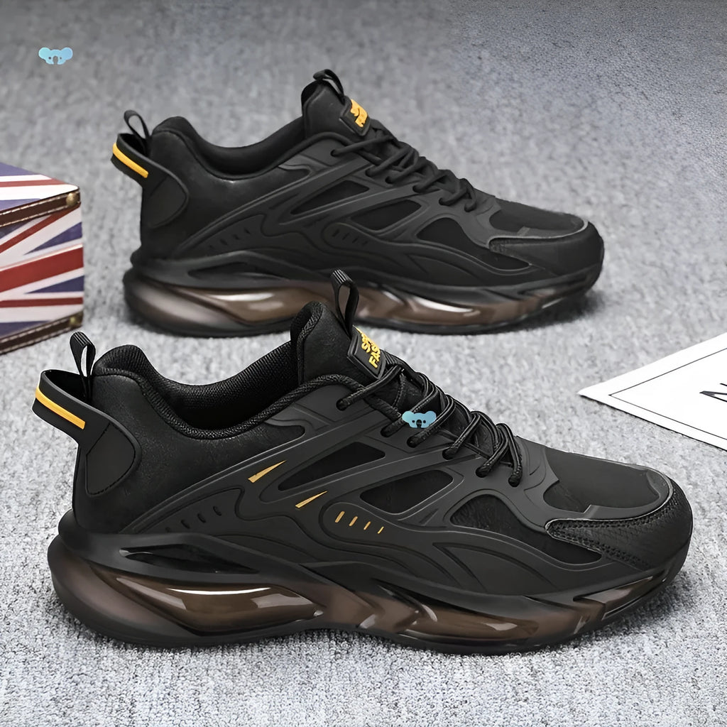 Men's black and grey canvas sports sneakers with shock absorbing soles in multiple sizes