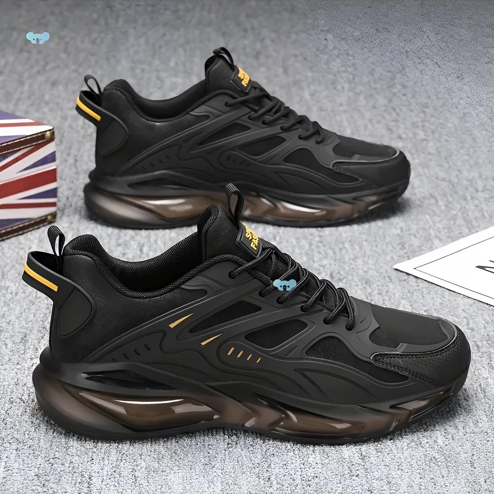 Men's black and grey canvas sports sneakers with shock absorbing soles in multiple sizes