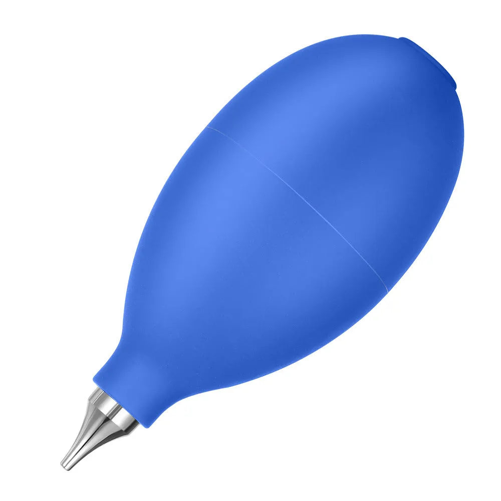 Blue handheld rubber air blower dust removal tool for cleaning camera lenses and phone screens.