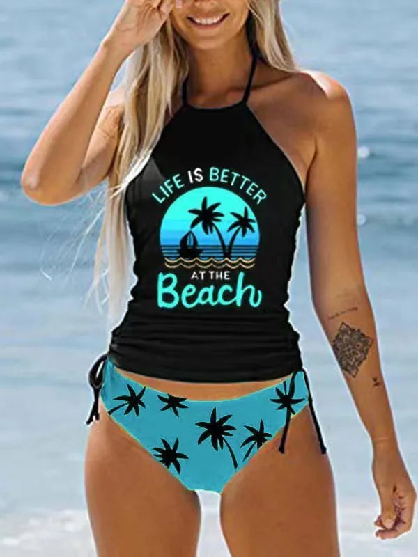 Conservative printed bikini swimsuit for women with colourful pattern and split design