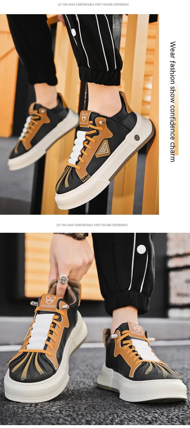 Men's beige low-top sneakers with elastic band and round toe on a flat plastic sole.