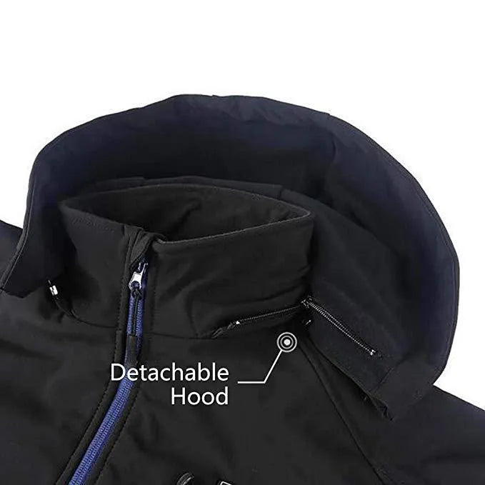 Black men's USB heated waterproof windproof winter coat with long sleeves and straight hem