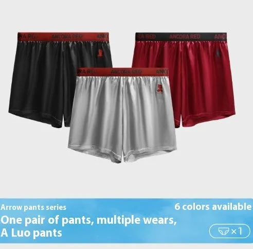 Solid colour men's boxer briefs on a mid waist, shown in black, red, blue, silver, purple, and brown.