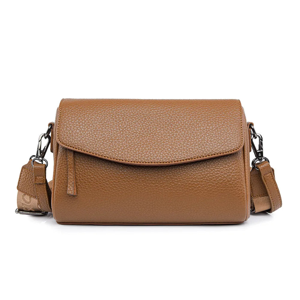 Casual simple women's shoulder messenger bag in black genuine leather with double shoulder straps and lined interior.