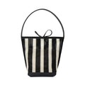 Black and white striped woven fabric women's bucket shoulder bag showing dimensions