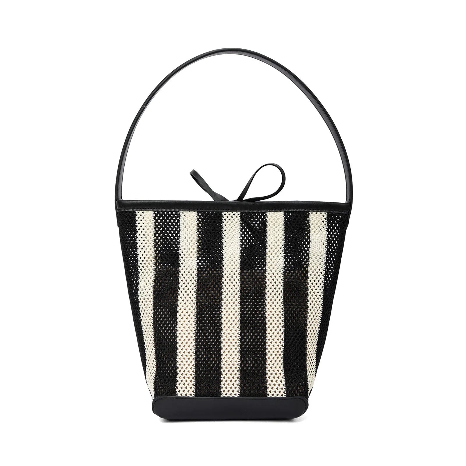 Black and white striped woven fabric women's bucket shoulder bag showing dimensions