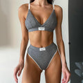Women's embroidery contrast binding letters bikini set in black, grey or white polyester swimwear