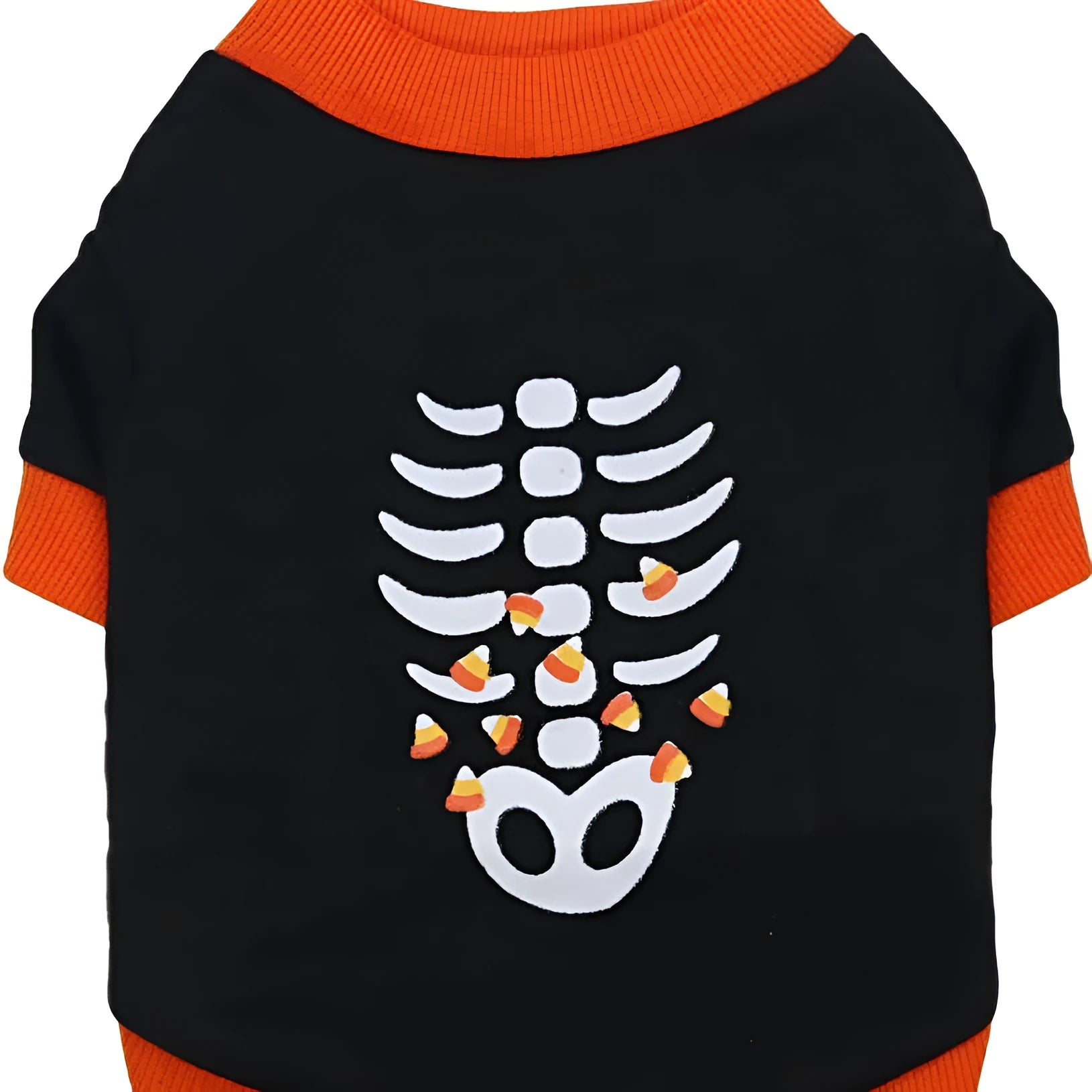 Orange dog sweatshirt with black skeleton print on a small dog, showing ribbed collar and cuffs.