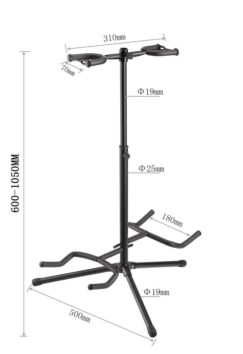 Black vertical double-headed adjustable guitar stand holding two guitars.