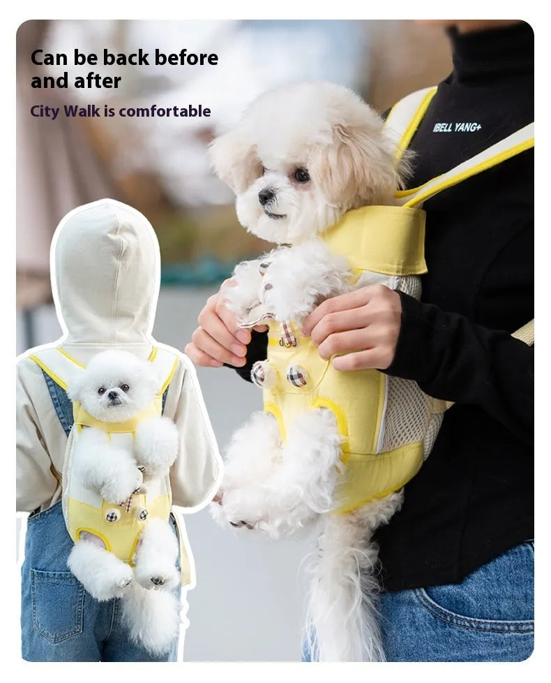 Cartoon animal pattern pet chest bag in soft canvas with decorative ribbon details