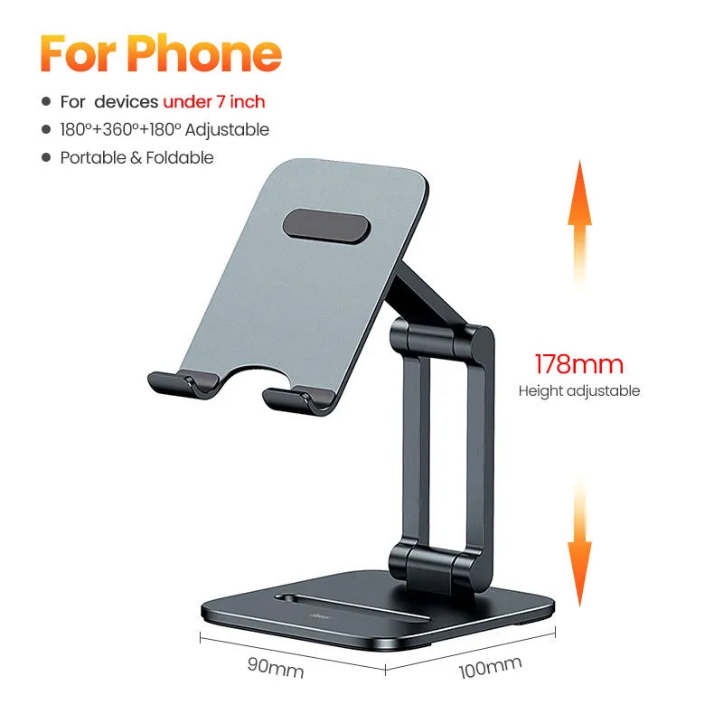 Deep space grey aluminium alloy folding stand for phones and tablets shown in two size options