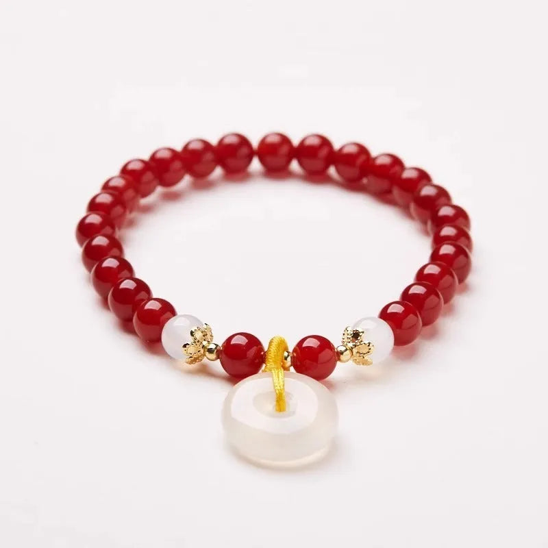 Handmade Chinese bracelet with peace buckle clasp in Jinsi Jade or red agate with 6mm beads