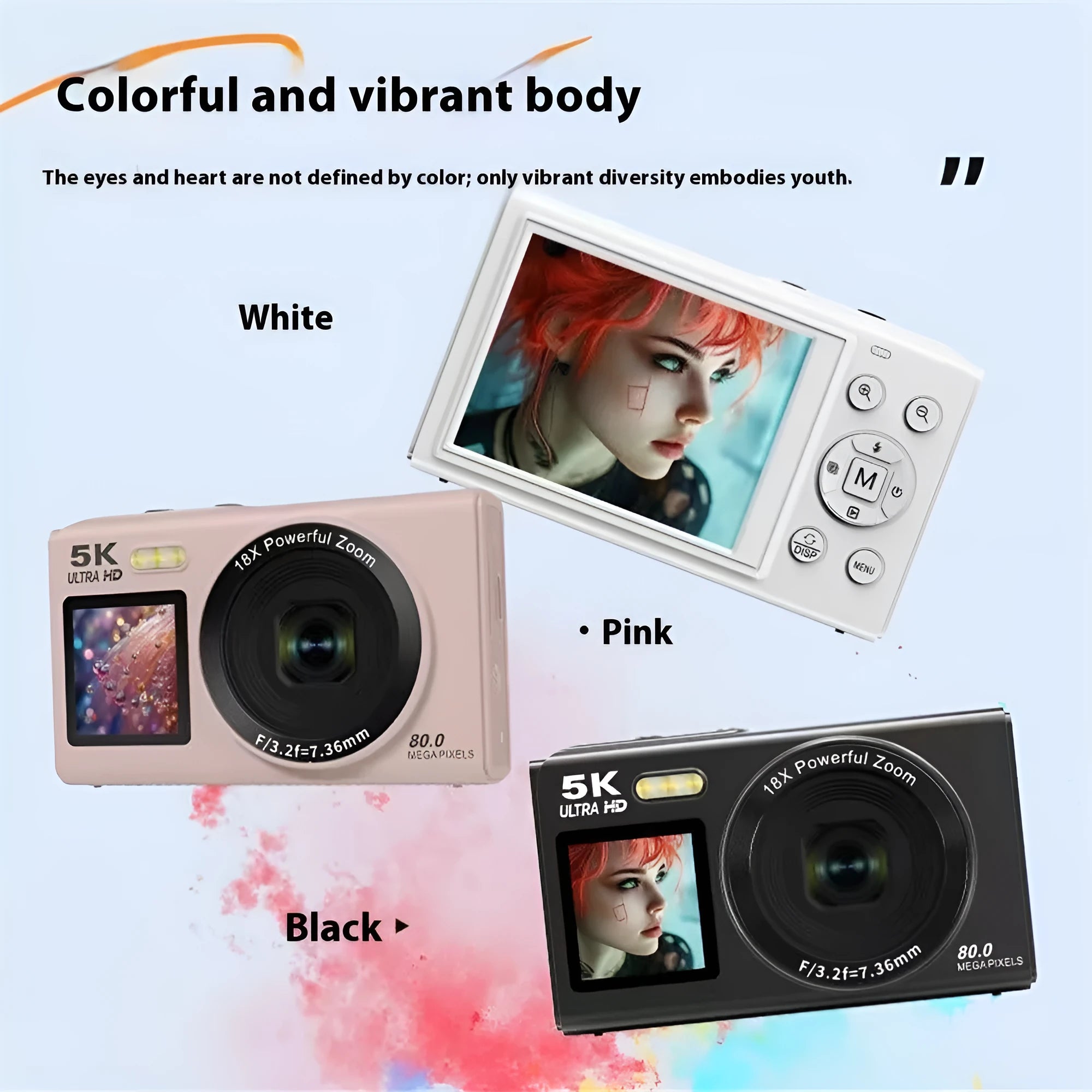 HD dual-screen selfie WIFI portable digital camera in black, 100x25x61mm