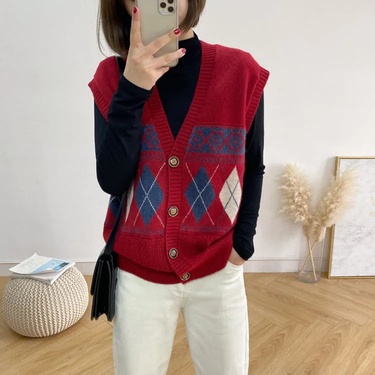 Sleeveless loose cardigan top in diamond plaid pattern, shown in khaki colour.