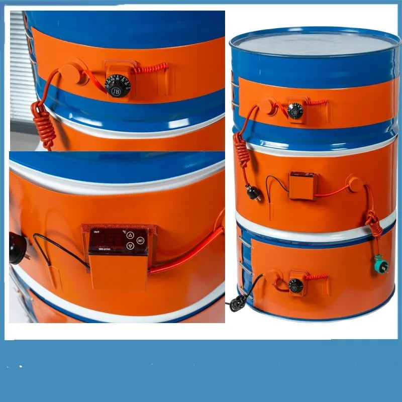 Silicone rubber heating belt wrapped around 200-litre oil drum with control panel