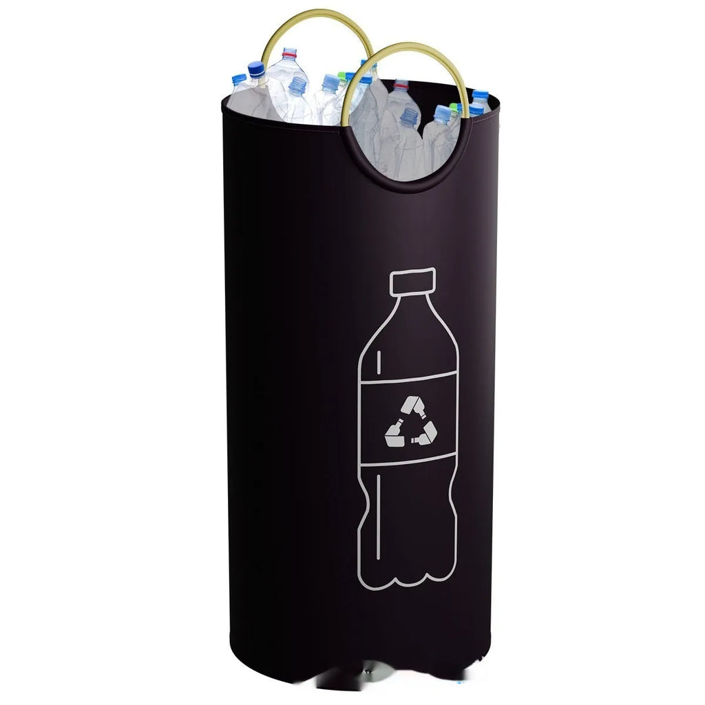 Round portable plastic trash can for office and outdoor use.