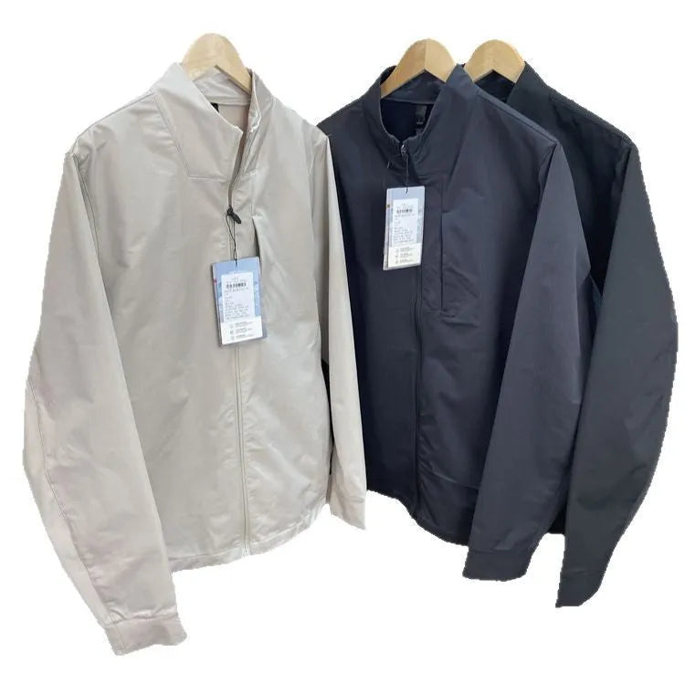 Men's stand collar polyester casual jacket in black, dark blue or milky white with straight hem