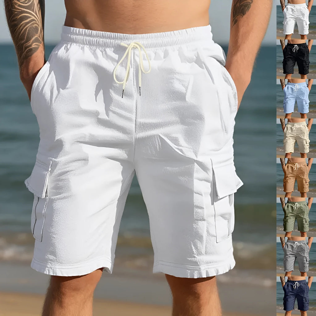 Men's cotton linen casual shorts with multiple pockets in loose straight-leg design