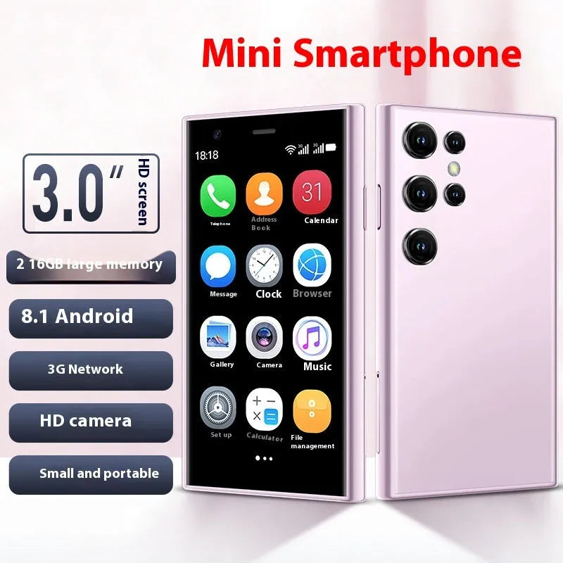 Black, green, and pink purple S23PRO XS15 mini smartphone with 3-inch screen on a straight plate.