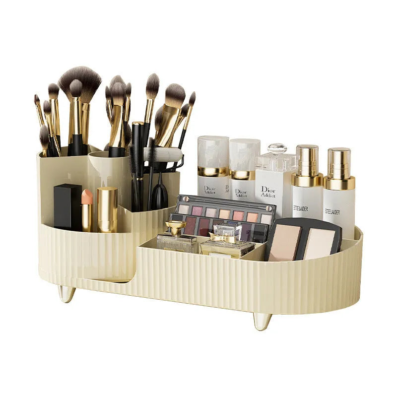 Rotating cosmetics storage box with makeup brushes and lipsticks organised on dresser table