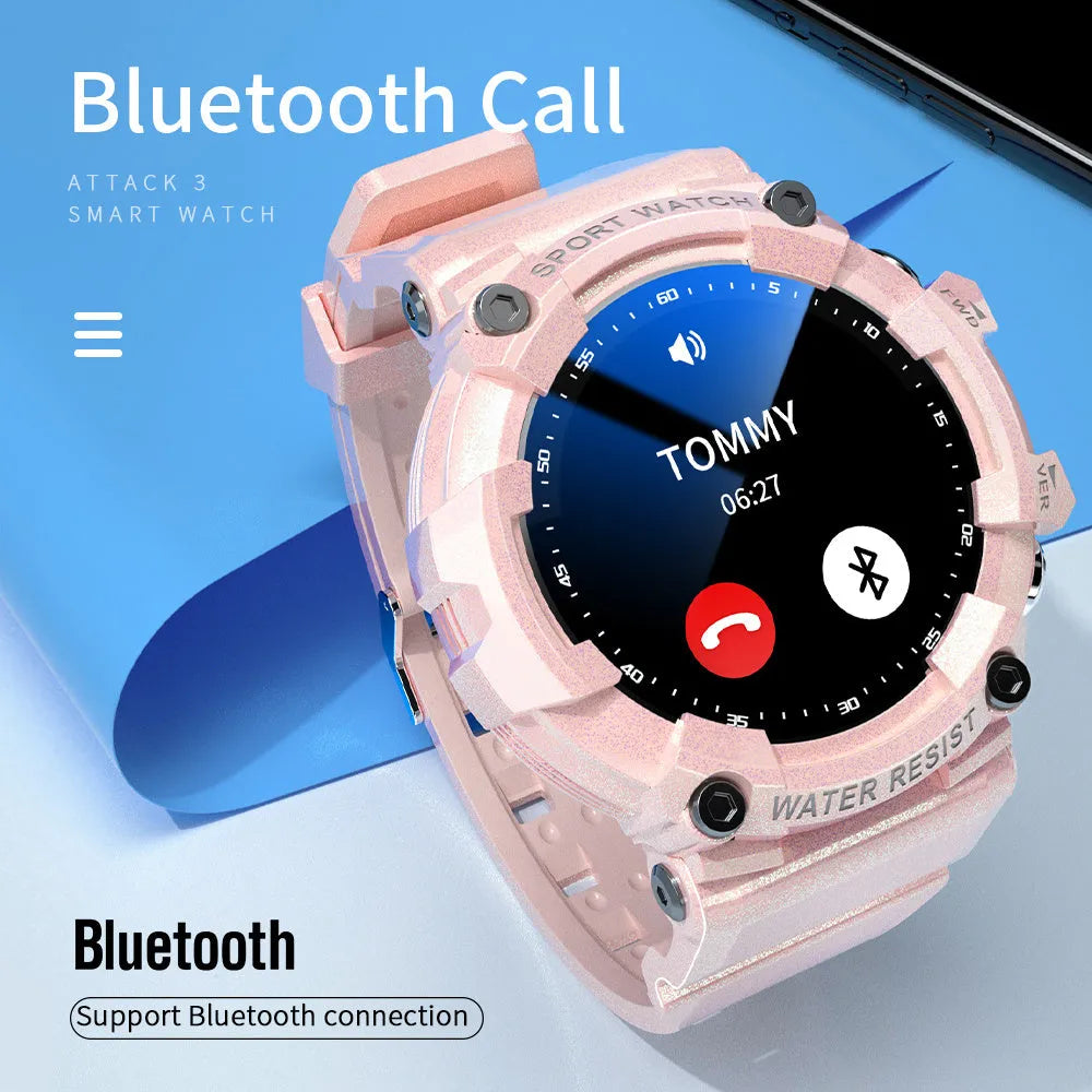 ATTACK 3 IP67 waterproof smart sports watch in black with round colour touchscreen on a TPU strap.