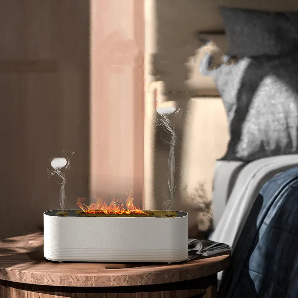 Flame air humidifier diffuser with LED lights showing flame effect, black colour, USB cable