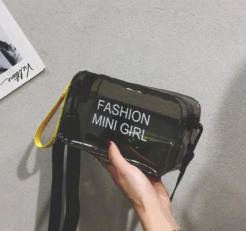Transparent square jelly women's shoulder bag with adjustable strap shown in multiple colours.
