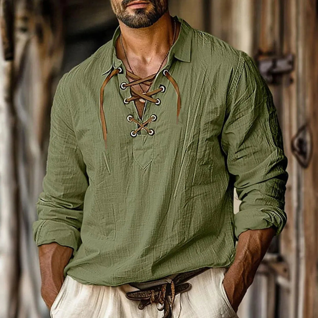 Men's plus size blue linen-cotton blend shirt with lace detailing on the front and lapels.