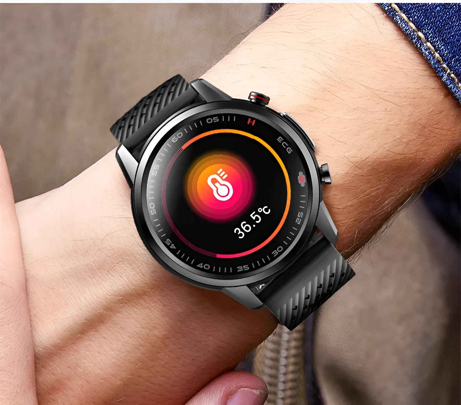 F800 black ECG blood pressure sports smart watch with 1.3 inch screen and TPU strap.