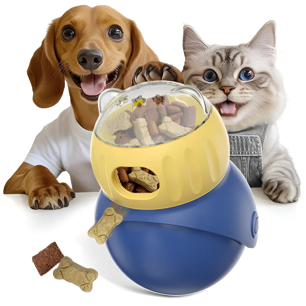 Yellow and blue Tumbler Owl interactive cat feeder toy on a wooden floor