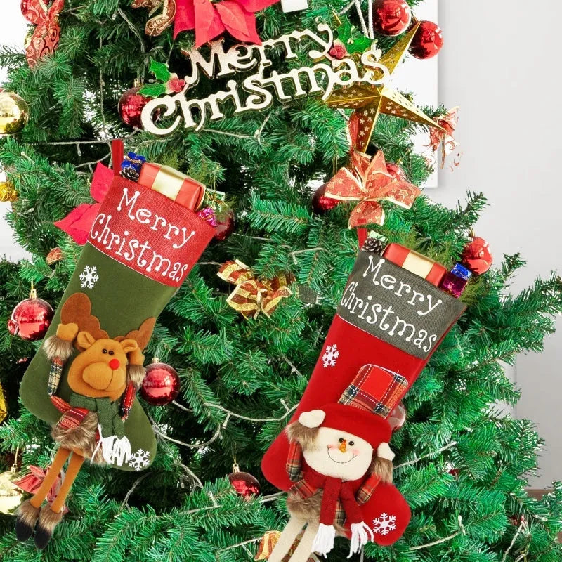 Set of three large red, white, and brown Christmas stockings featuring Santa, Snowman, and Reindeer 3D designs.