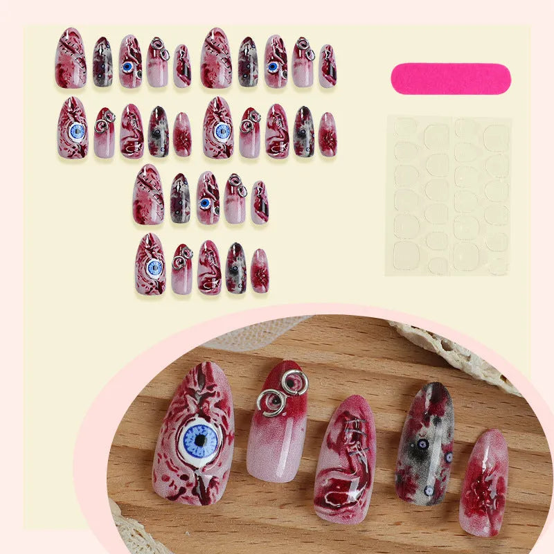30-piece almond 3D stereo fake nails set in colour 2XB1-13244 for ladies Halloween wear