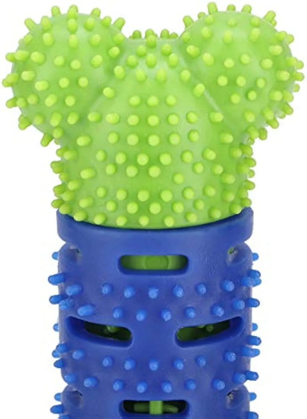 A blue-green silicone dog dental chewing stick with a textured brush head and nodules, showing its 25cm length.