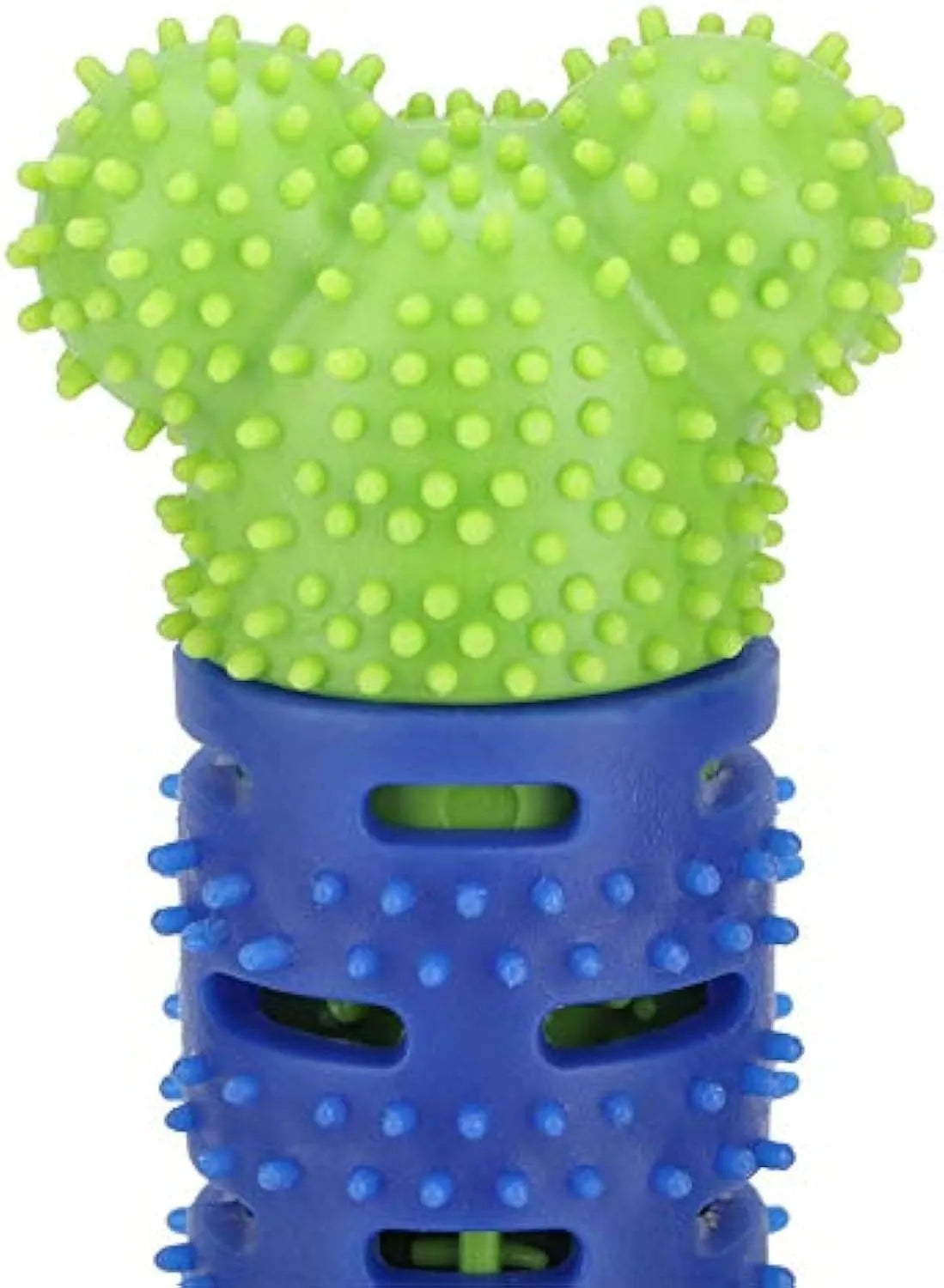 A blue-green silicone dog dental chewing stick with a textured brush head and nodules, showing its 25cm length.